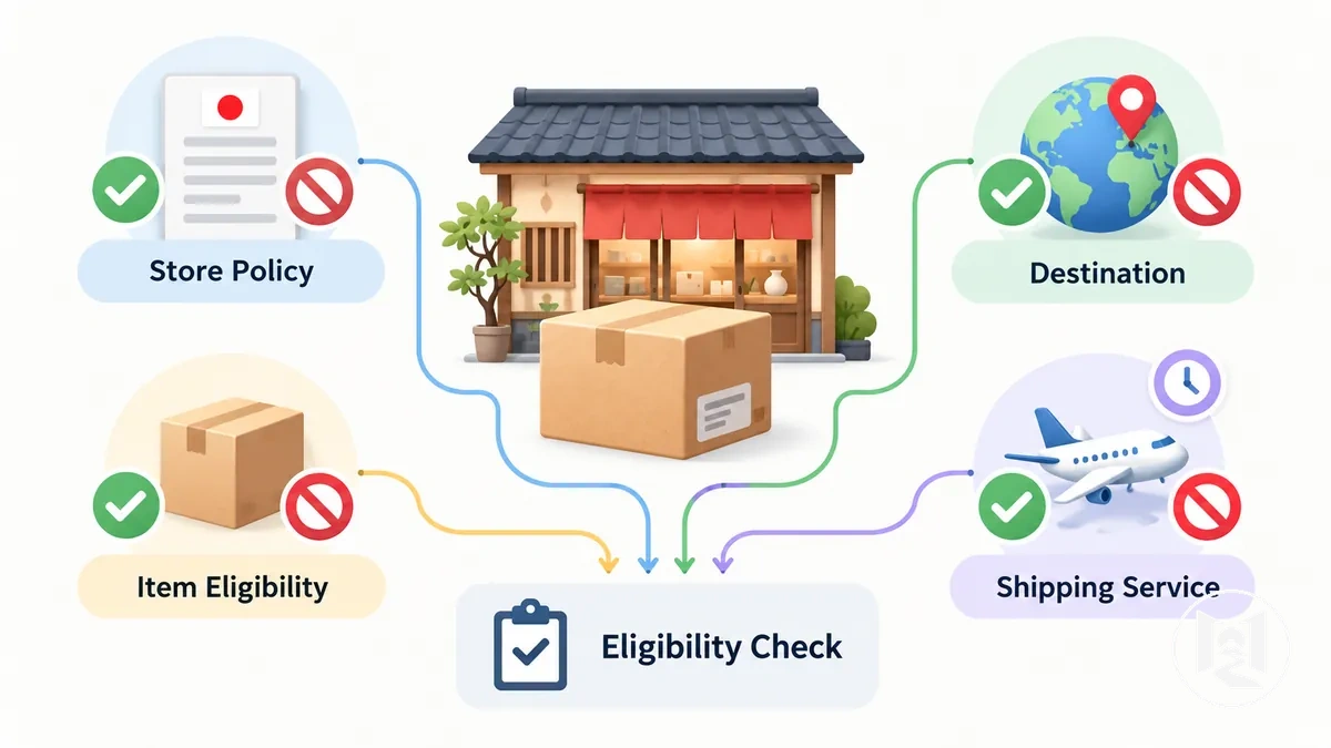 Kriterien zur Prüfung, ob ein japanischer Online-Shop eine Bestellung international versenden kann.