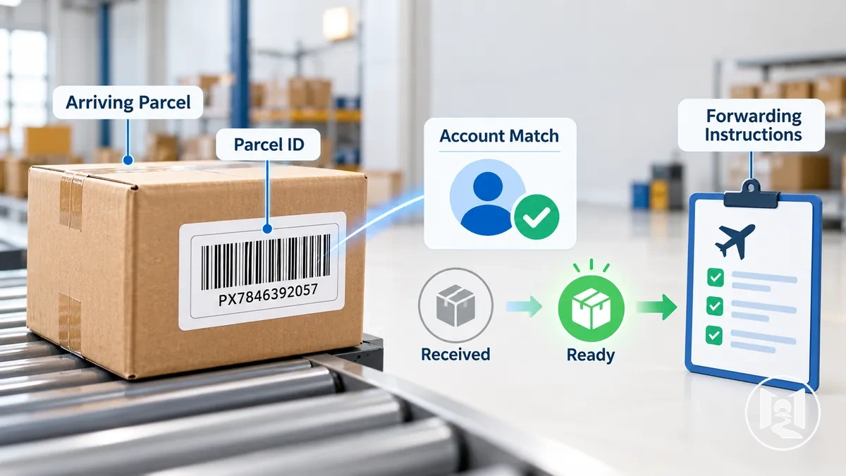 Eintreffendes Paket, das durch Etikett und Kontokennung einem Weiterleitungskonto in einem Lager zugeordnet wird