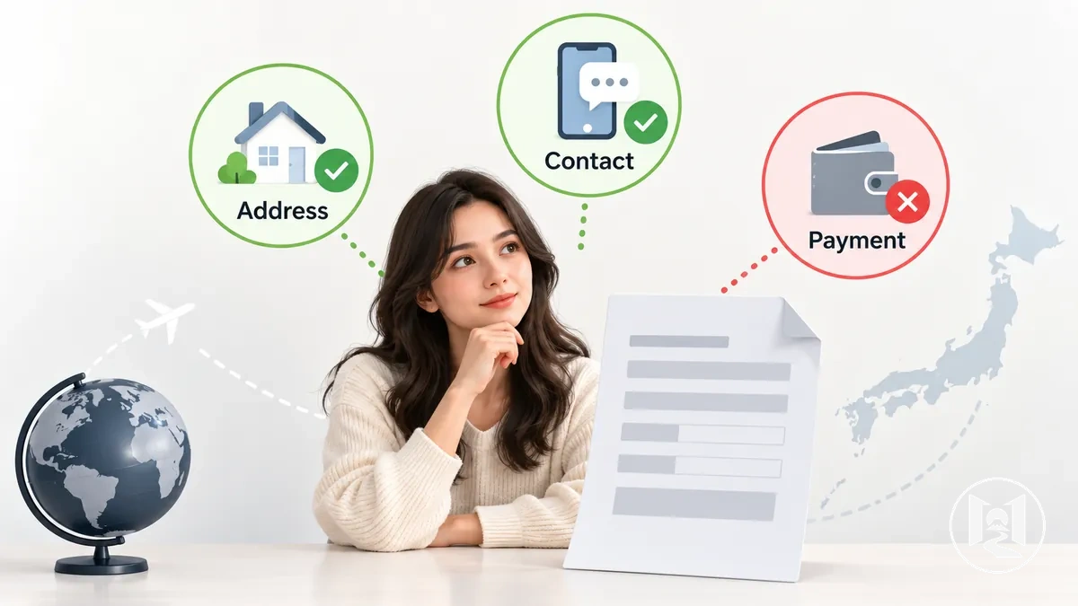 Overseas shopper meeting address, contact and payment requirements at Japanese website checkout
