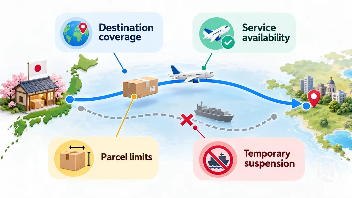 International shipping route from a Japanese store showing destination coverage and service availability constraints