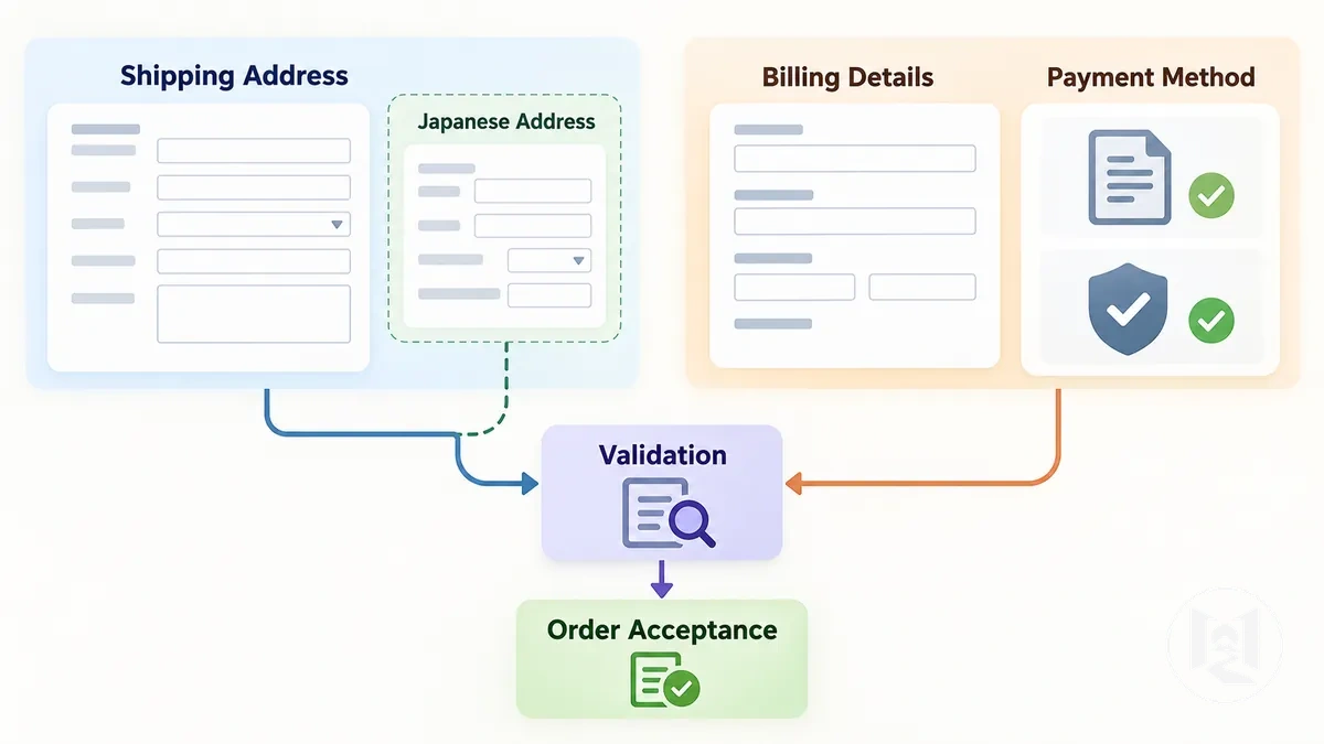 Datos de dirección y pago que preparar para finalizar la compra en una web japonesa