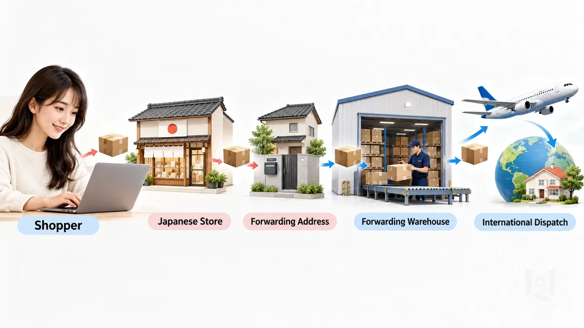 Comprador, tienda online japonesa, dirección de reenvío, recepción en almacén y envío internacional en un pedido con reenvío de paquetes