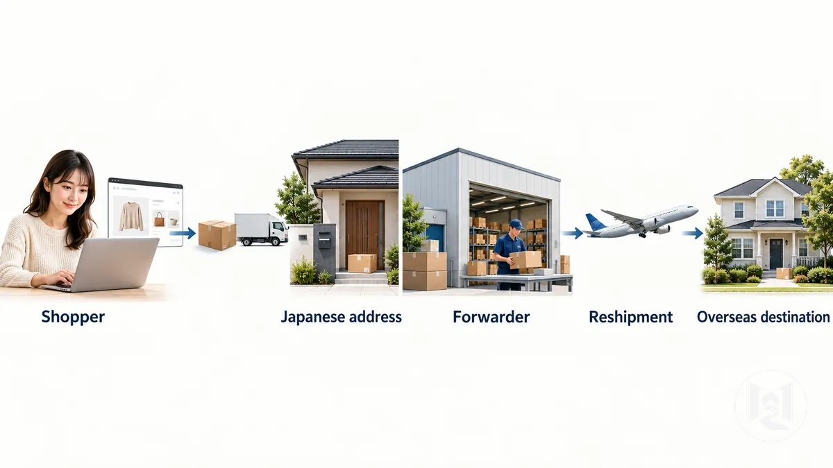 Comprador que envía una compra online japonesa a una dirección de reenvío para su reenvío al extranjero