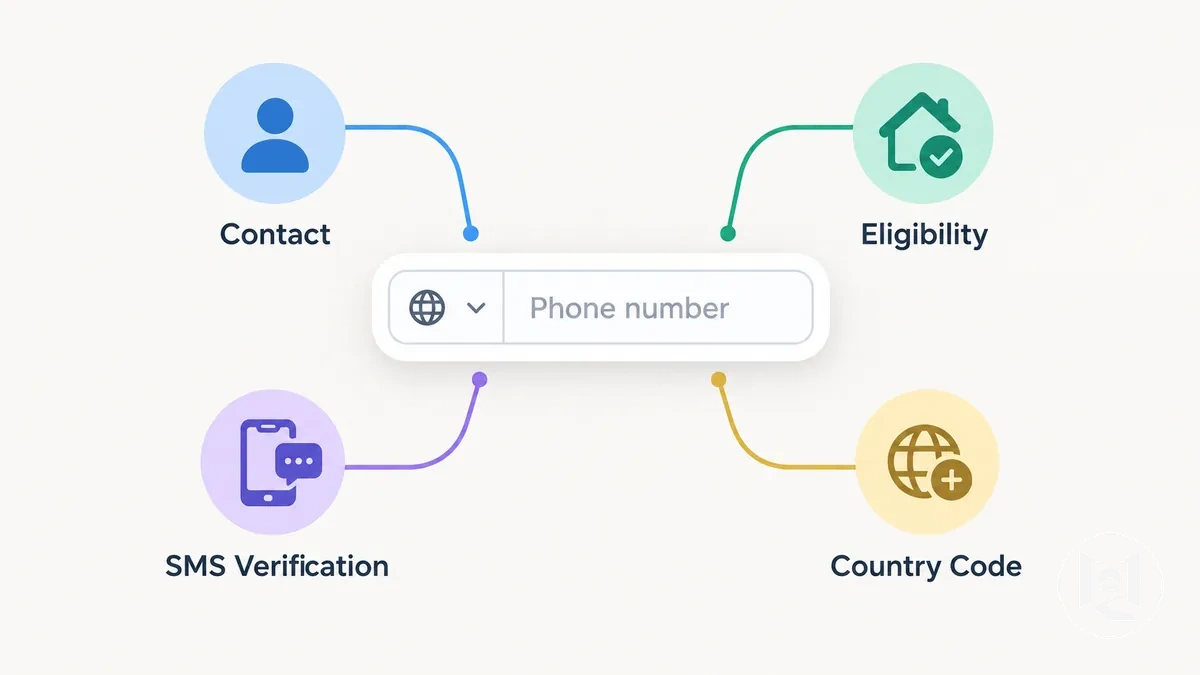 Campo genérico de teléfono de finalización de compra que muestra las funciones de contacto, elegibilidad y verificación