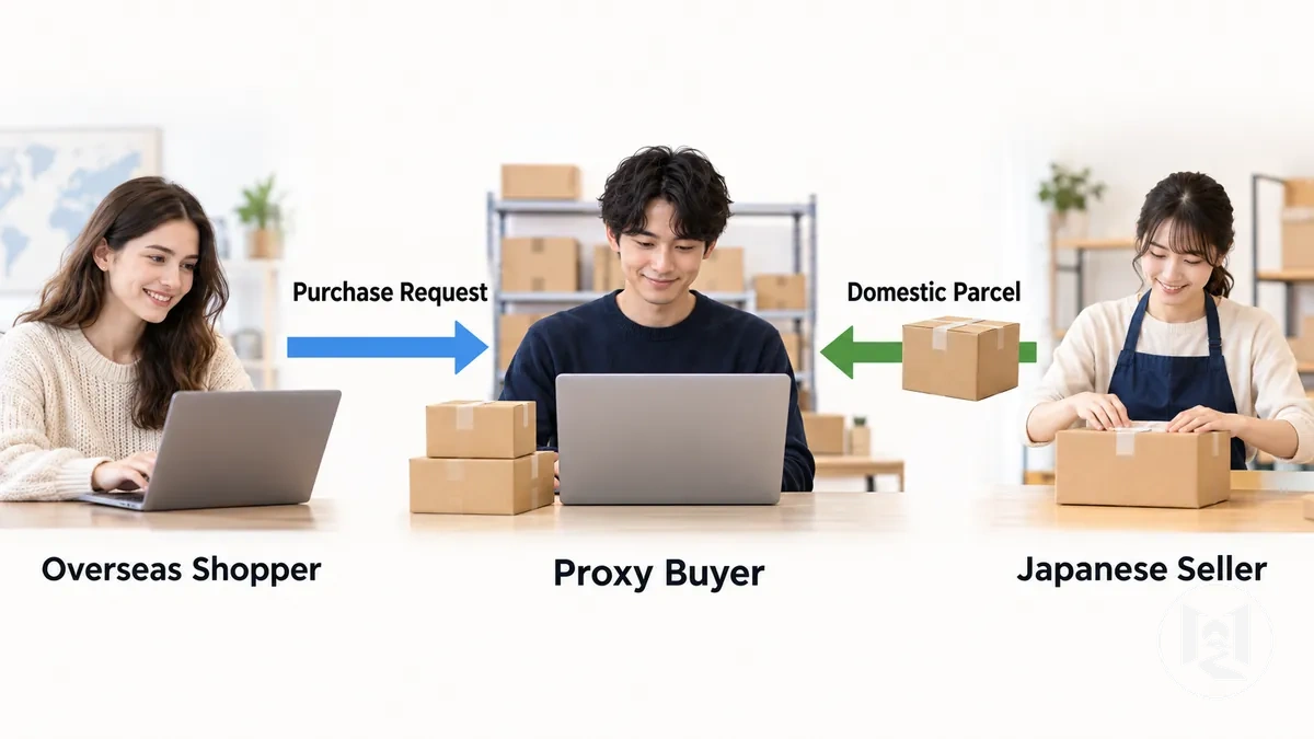 Service de proxy gérant un achat entre un acheteur étranger et un vendeur japonais avant la réception du colis national
