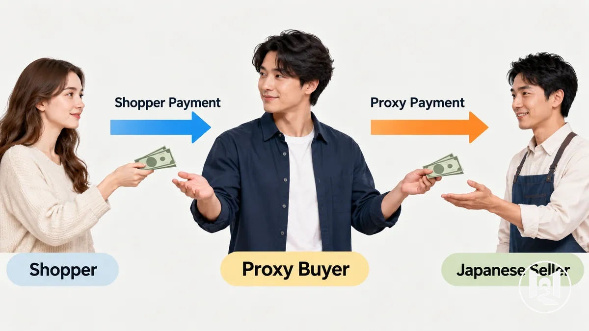 Comprador pagando o serviço de proxy, que então paga o vendedor japonês como comprador perante o vendedor