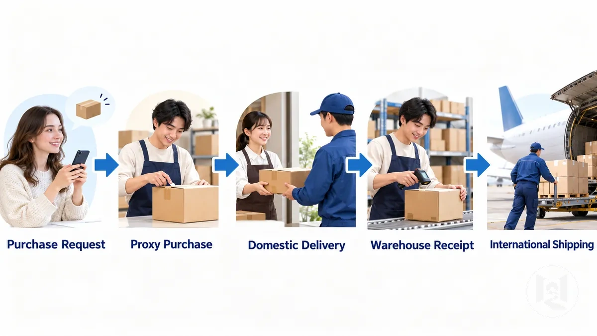 Pedido de compra por proxy passando da solicitação pela entrega doméstica e recebimento no armazém até o envio internacional