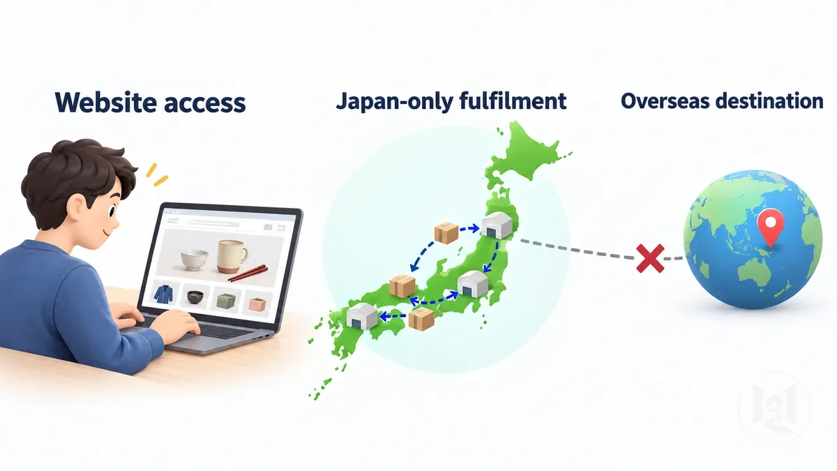 Vitrine de loja online japonesa acessível do exterior com atendimento limitado a destinos no Japão