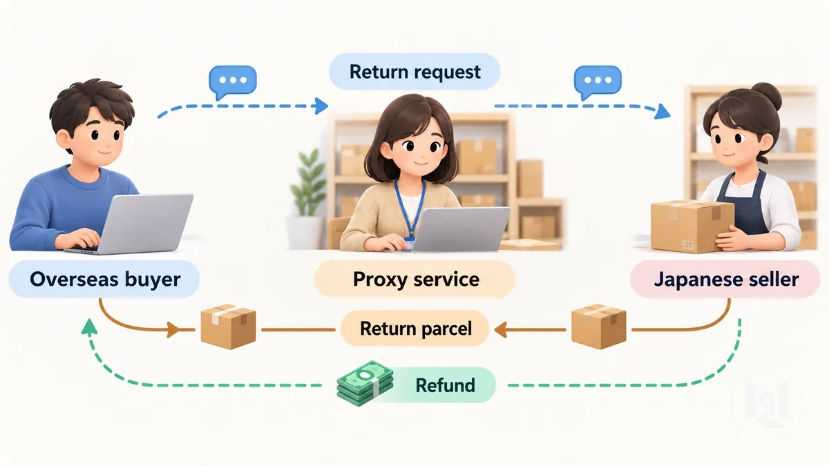 Responsabilidade de devolução em compras via proxy entre um comprador internacional, um serviço de proxy e um vendedor japonês