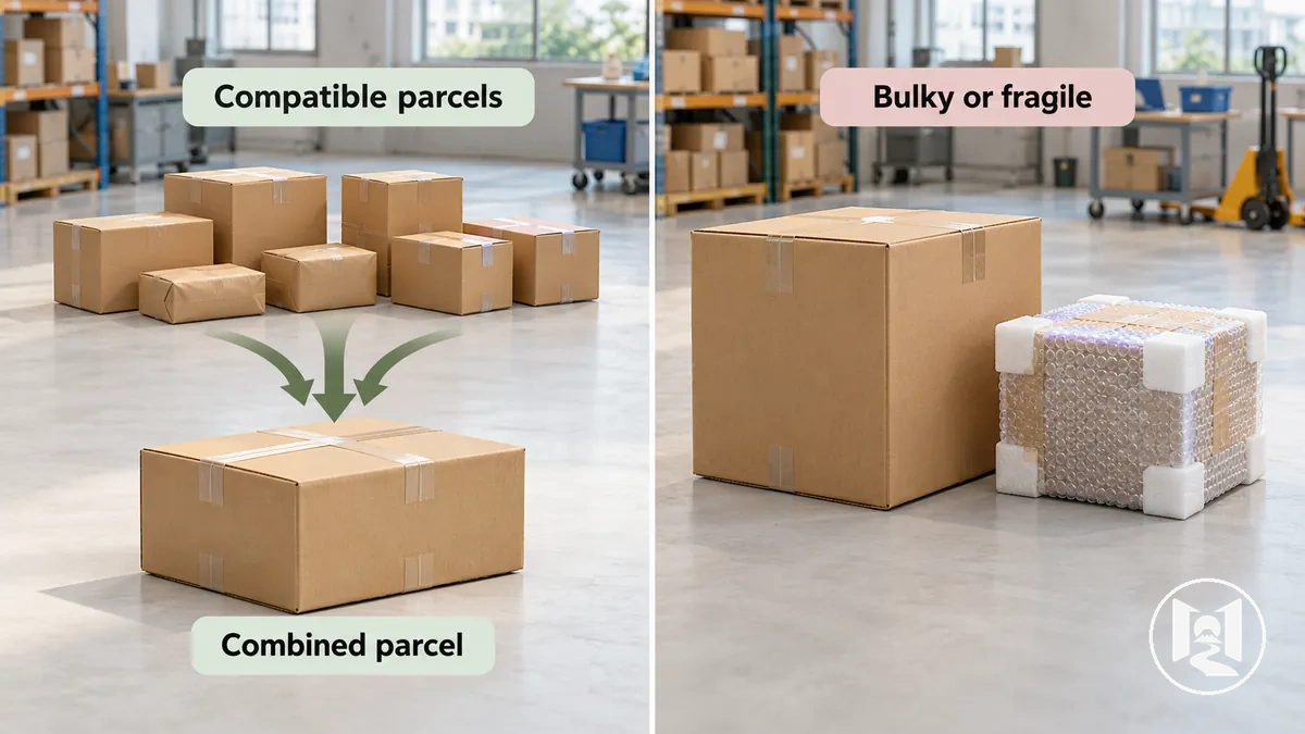 Paket birleştirme için uyumlu standart paketler ile hacimli veya kırılgan paketlerin karşılaştırması